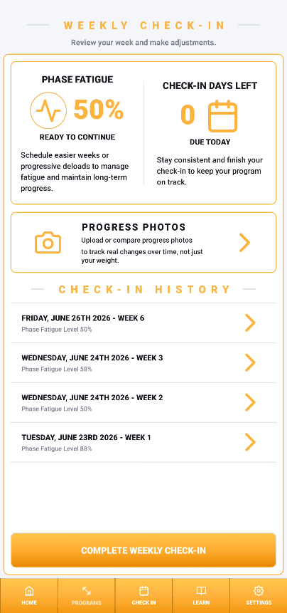My Gym Coach weekly check-in dashboard showing phase fatigue, check-in days left, progress photos, and check-in history.