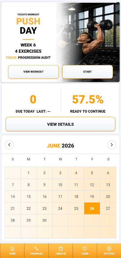 My Gym Coach home dashboard showing today's Push Day workout, readiness, check-in details, and training calendar.