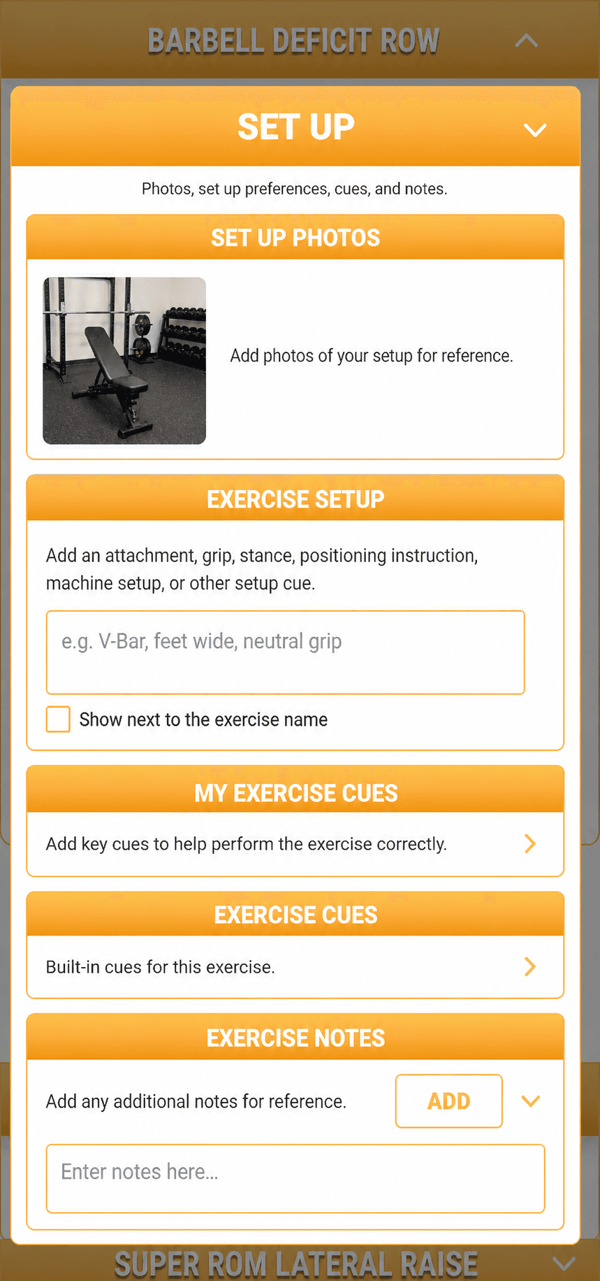 MyGymCoach Barbell Deficit Row setup screen with a gym setup reference photo, preferences, cues, and notes.