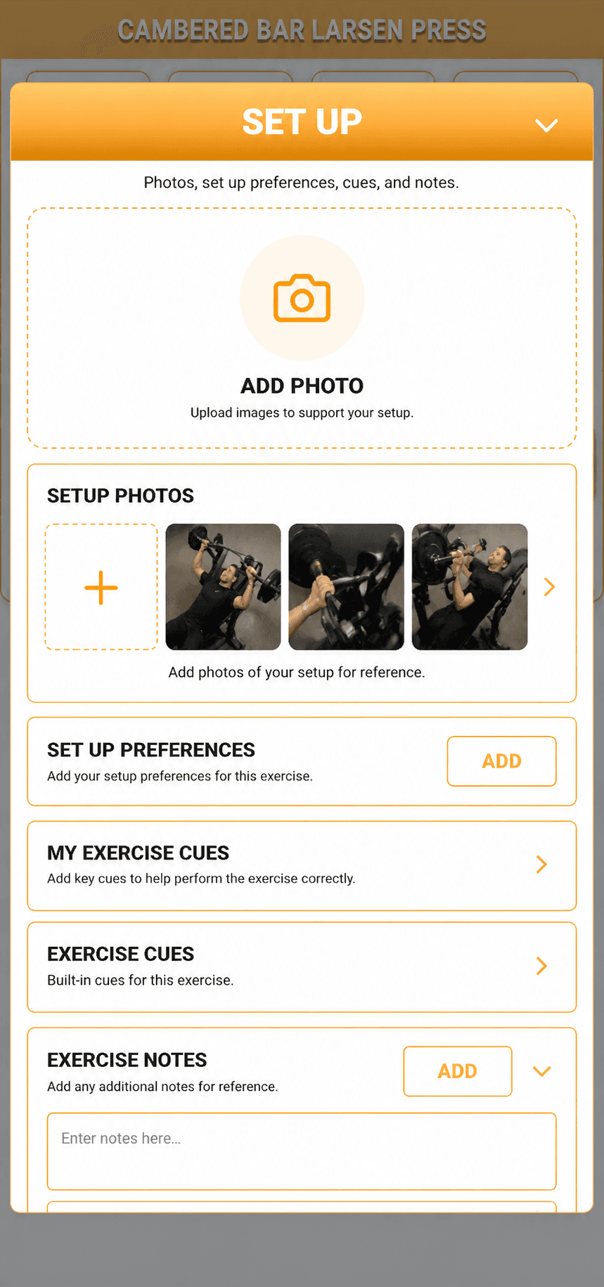 My Gym Coach setup memory screen showing setup photos, setup preferences, exercise cues, notes, and workout actions.